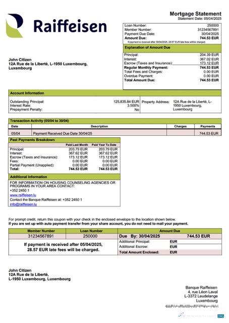 Download Luxembourg Banque Raiffeisen mortgage statement Word and PDF template Photoshop template